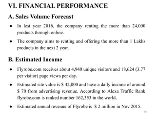 VI. FINANCIAL PERFORMANCE
A. Sales Volume Forecast
B. Estimated Income
● In lest year 2016, the company renting the more than 24,000
products through online.
● The company aims to renting and offering the more than 1 Lakhs
products in the next 2 year.
● Flyrobe.com receives about 4,940 unique visitors and 18,624 (3.77
per visitor) page views per day.
● Estimated site value is $ 42,000 and have a daily income of around
$ 70 from advertising revenue. According to Alexa Traffic Rank
flyrobe.com is ranked number 162,353 in the world.
● Estimated annual revenue of Flyrobe is $ 2 million in Nov 2015.
38
 