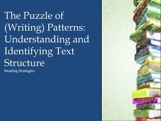 The Puzzle of 
(Writing) Patterns: 
Understanding and 
Identifying Text 
Structure 
Reading Strategies 
 