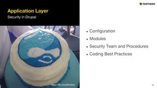 Application Layer
Security in Drupal
● Configuration
● Modules
● Security Team and Procedures
● Coding Best Practices
18https://flic.kr/p/9Vx4ra
 