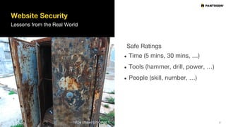 Website Security
Lessons from the Real World
Safe Ratings
● Time (5 mins, 30 mins, …)
● Tools (hammer, drill, power, …)
● People (skill, number, …)
7https://flic.kr/p/5GPgE1
 