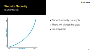Website Security
Is a Continuum
● Perfect security is a myth
● There will always be gaps
● Be prepared
8
 