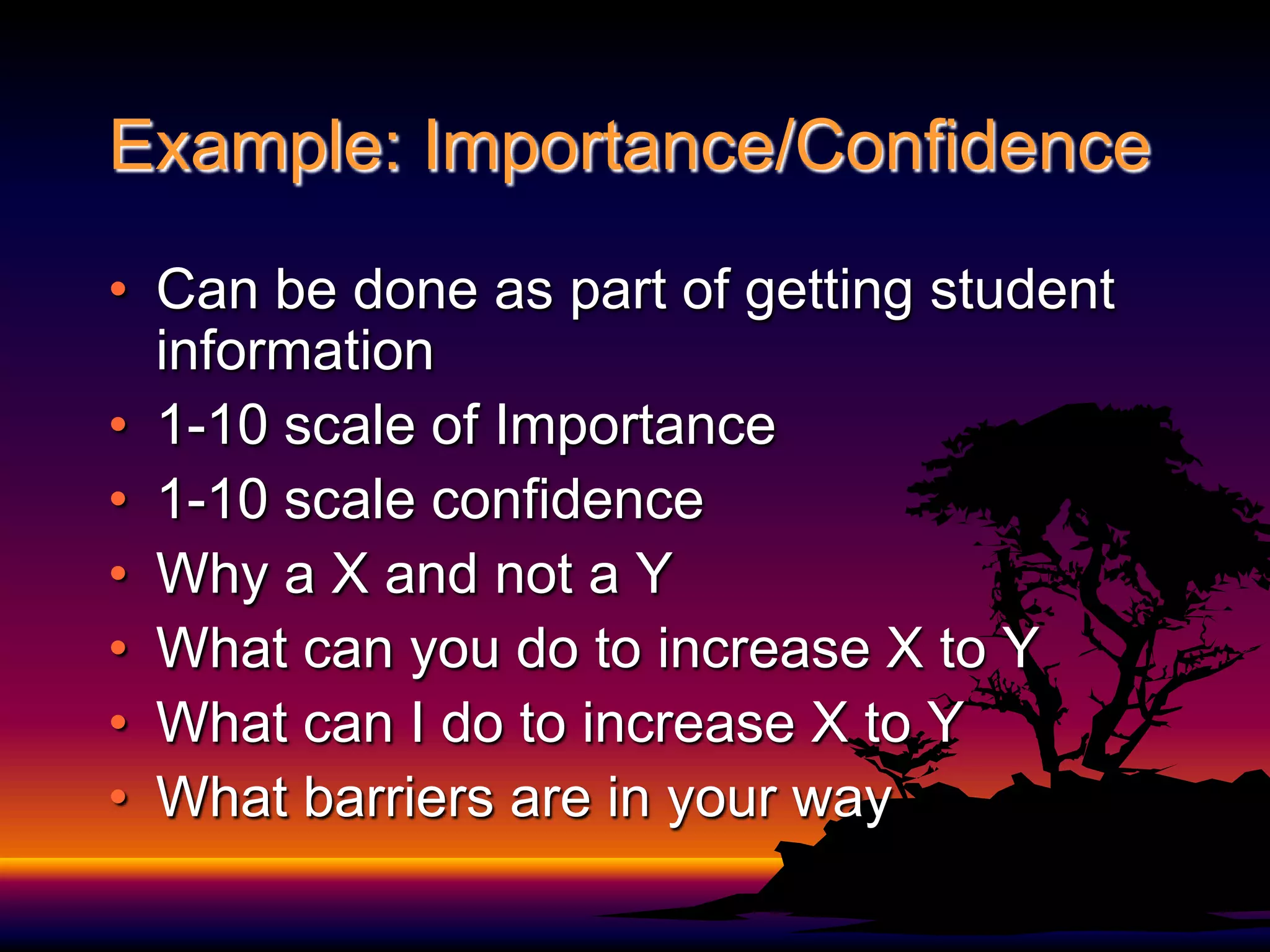 Example: Importance/ConfidenceCan be done as part of getting student information1-10 scale of Importance1-10 scale confidenceWhy a X and not a YWhat can you do to increase X to YWhat can I do to increase X to YWhat barriers are in your way