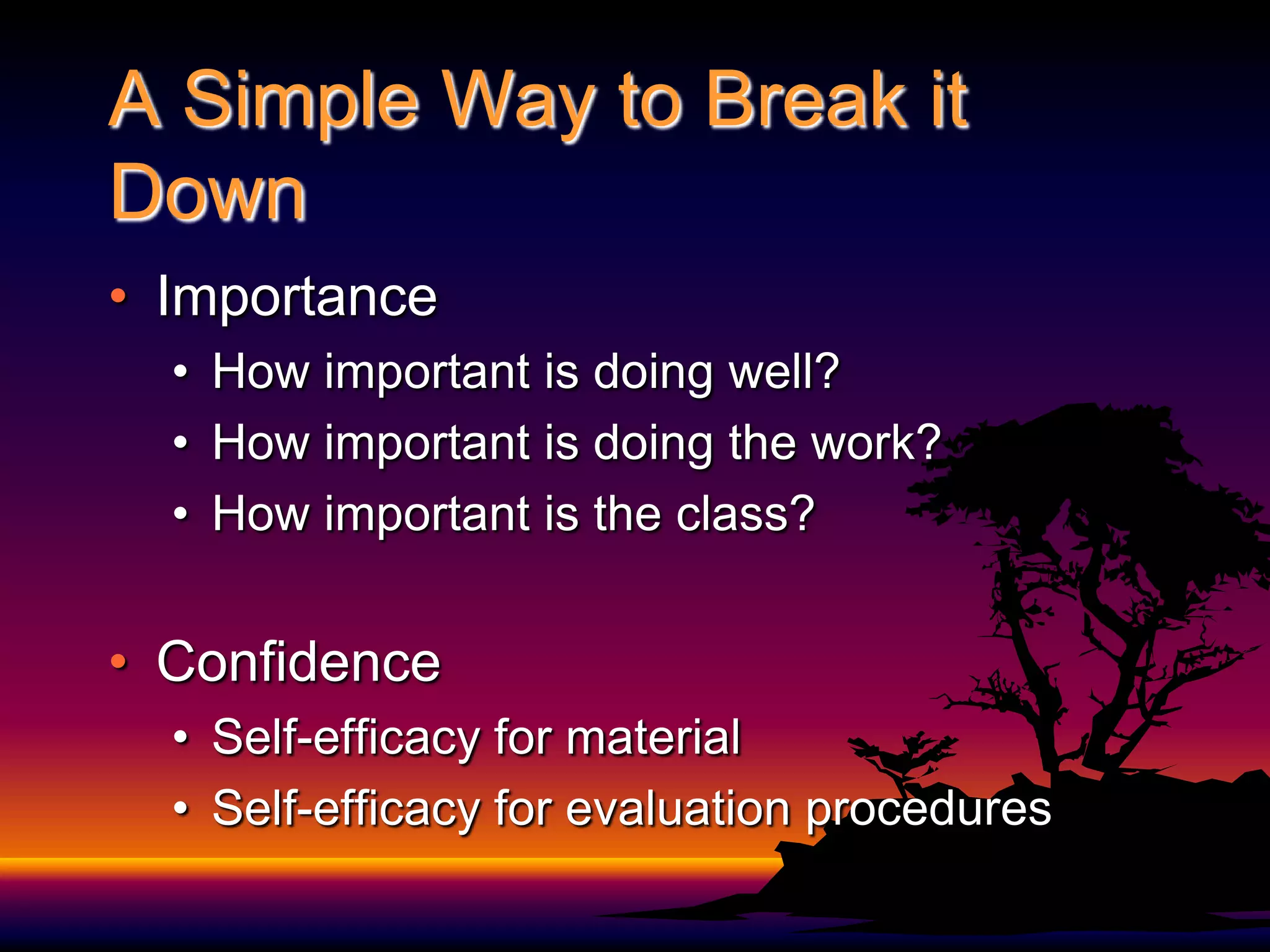 A Simple Way to Break it DownImportanceHow important is doing well?How important is doing the work?How important is the class?ConfidenceSelf-efficacy for materialSelf-efficacy for evaluation procedures