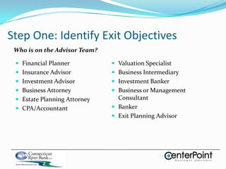 Step One: Identify Exit Objectives<br />Who is on the Advisor Team?<br /><ul><li>Valuation Specialist