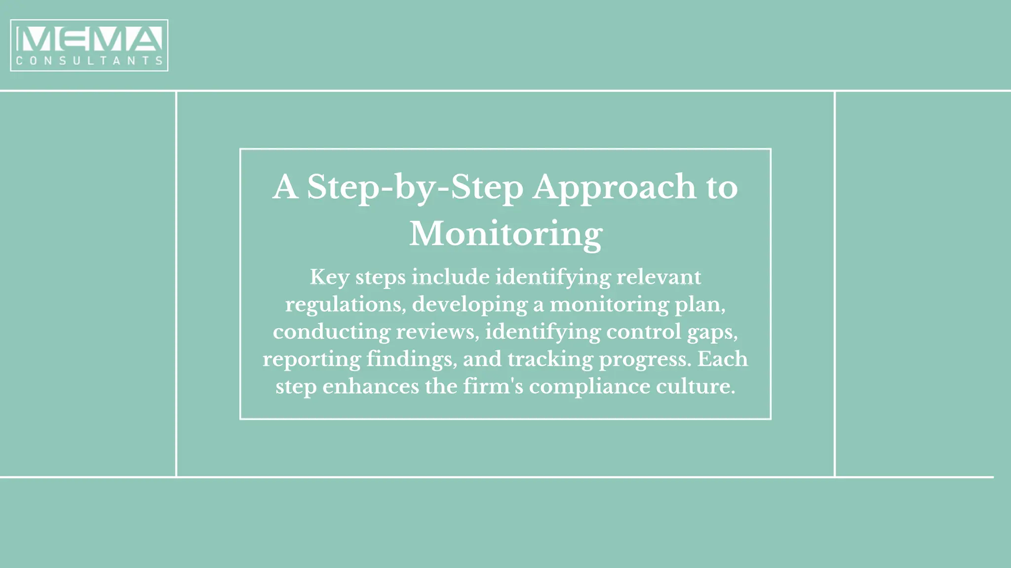 A Step-by-Step Approach to
Monitoring
Key steps include identifying relevant
regulations, developing a monitoring plan,
conducting reviews, identifying control gaps,
reporting findings, and tracking progress. Each
step enhances the firm's compliance culture.
 