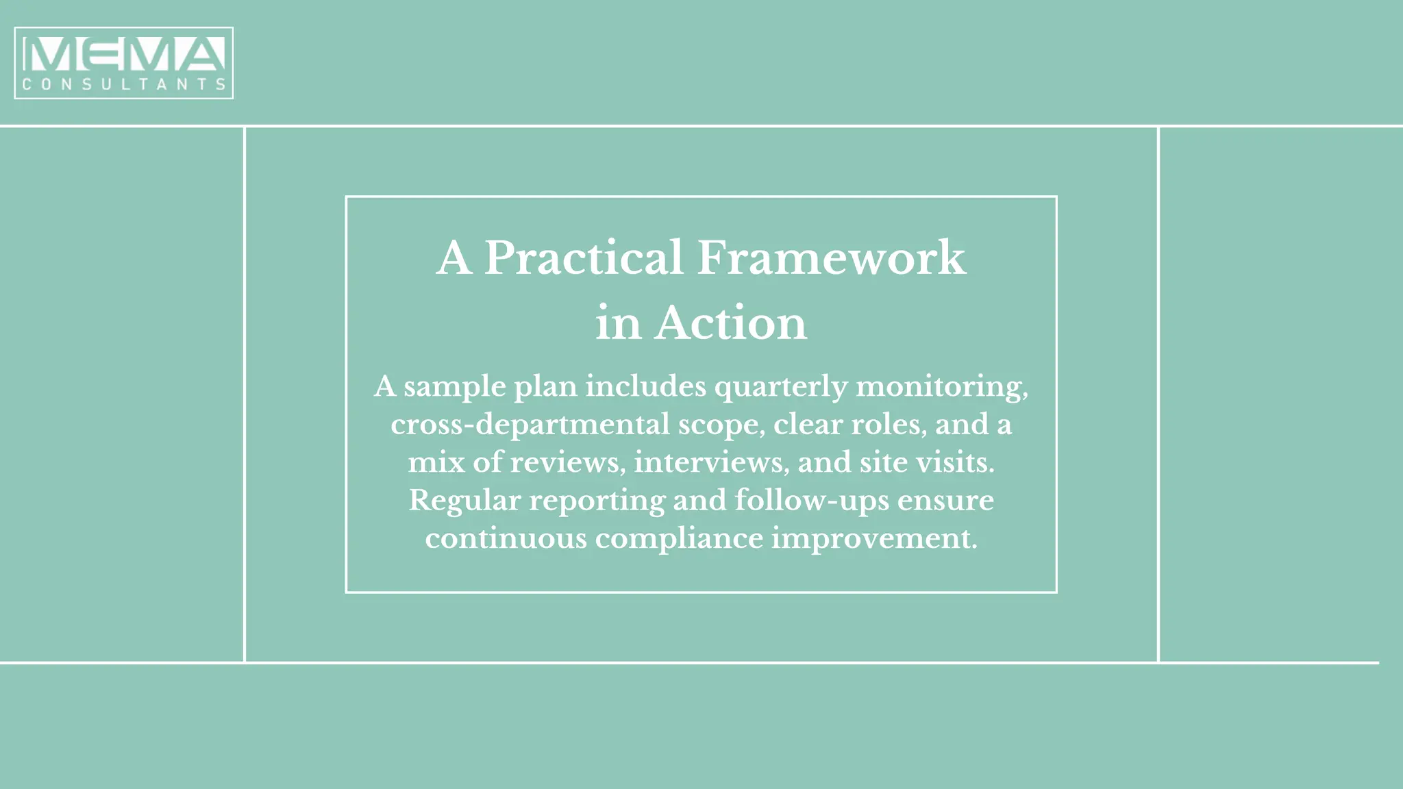 A Practical Framework
in Action
A sample plan includes quarterly monitoring,
cross-departmental scope, clear roles, and a
mix of reviews, interviews, and site visits.
Regular reporting and follow-ups ensure
continuous compliance improvement.
 