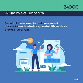 For initial assessments and convenient
access to medical advice, telehealth services
play a crucial role.
07.The Role of Telehealth
01 : 26 Video Call
Dr. Maria
 