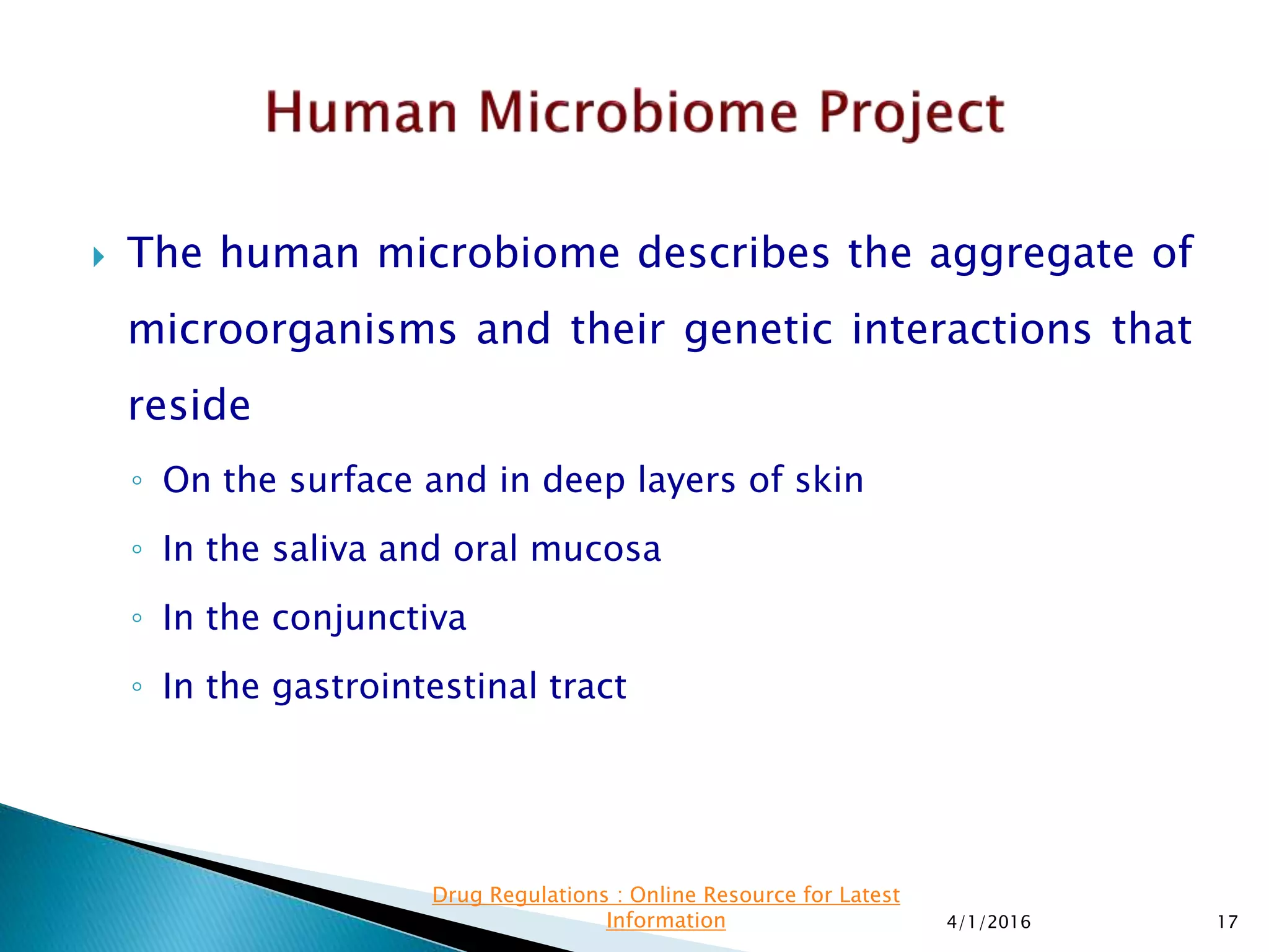  The human microbiome describes the aggregate of
microorganisms and their genetic interactions that
reside
◦ On the surface and in deep layers of skin
◦ In the saliva and oral mucosa
◦ In the conjunctiva
◦ In the gastrointestinal tract
4/1/2016 17
Drug Regulations : Online Resource for Latest
Information
 