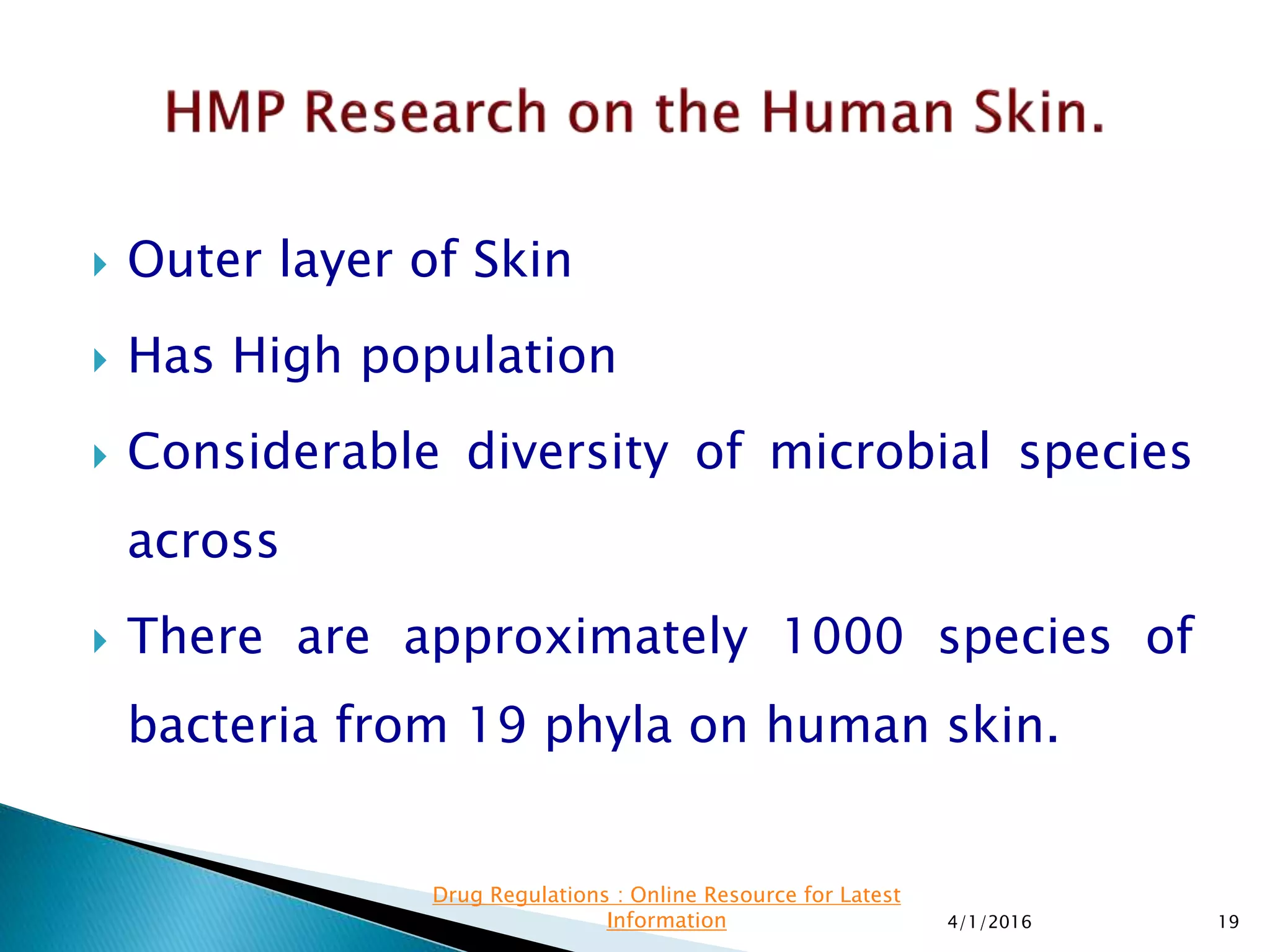  Outer layer of Skin
 Has High population
 Considerable diversity of microbial species
across
 There are approximately 1000 species of
bacteria from 19 phyla on human skin.
4/1/2016 19
Drug Regulations : Online Resource for Latest
Information
 
