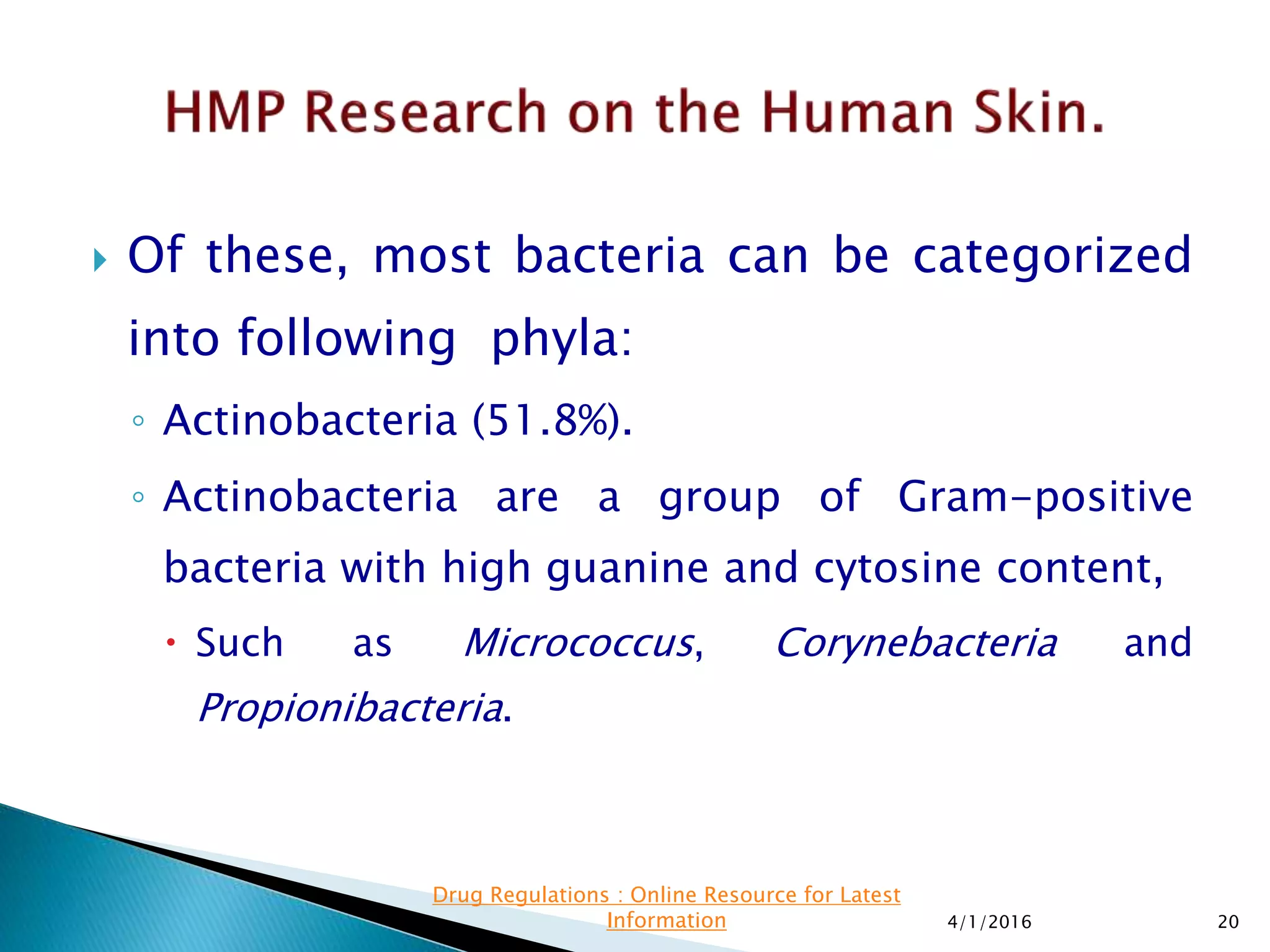  Of these, most bacteria can be categorized
into following phyla:
◦ Actinobacteria (51.8%).
◦ Actinobacteria are a group of Gram-positive
bacteria with high guanine and cytosine content,
 Such as Micrococcus, Corynebacteria and
Propionibacteria.
4/1/2016 20
Drug Regulations : Online Resource for Latest
Information
 