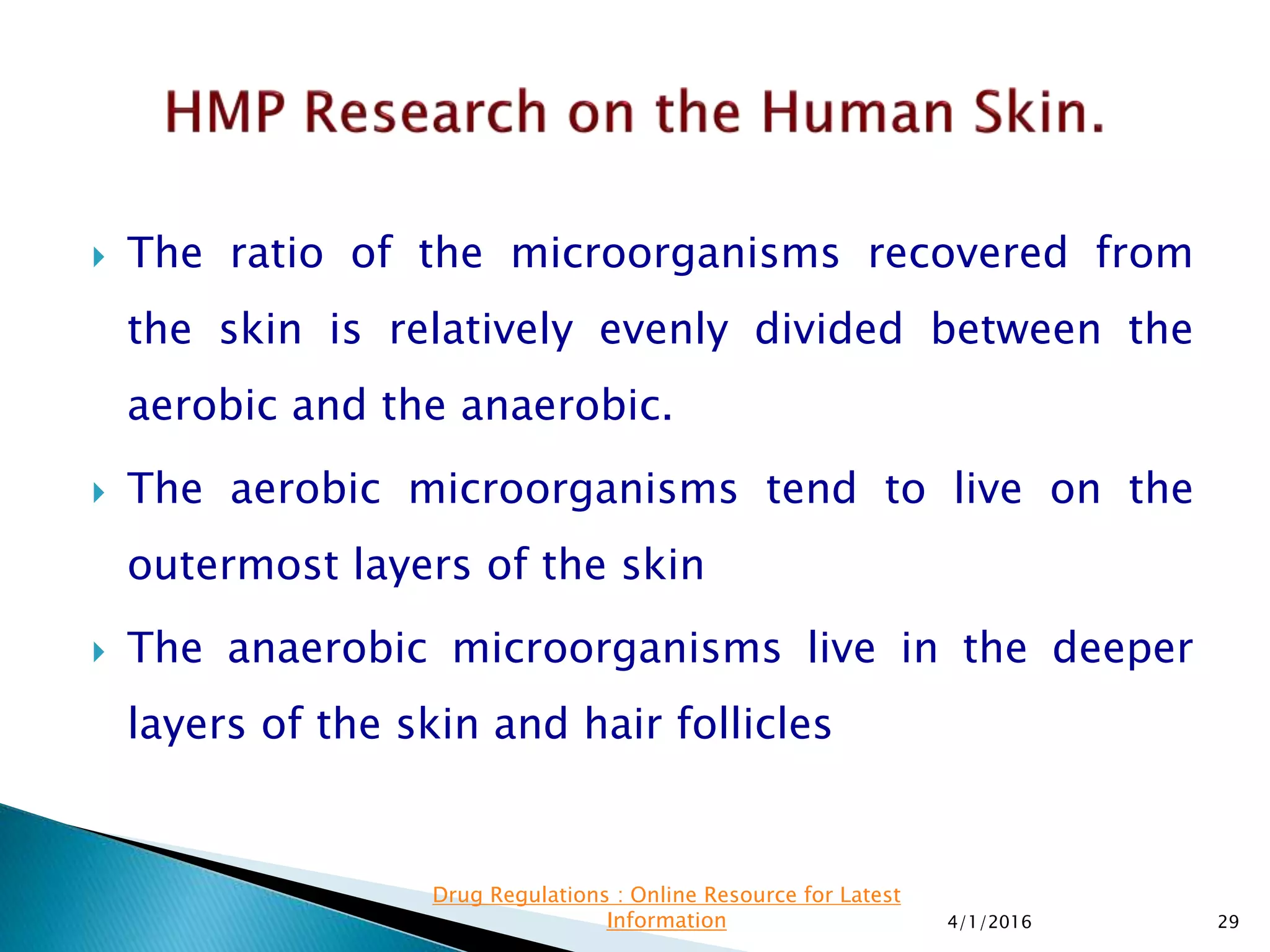  The ratio of the microorganisms recovered from
the skin is relatively evenly divided between the
aerobic and the anaerobic.
 The aerobic microorganisms tend to live on the
outermost layers of the skin
 The anaerobic microorganisms live in the deeper
layers of the skin and hair follicles
4/1/2016 29
Drug Regulations : Online Resource for Latest
Information
 