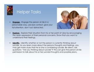Helper Tasks

•    Engage - Engage the person at risk in a
    personable way, use eye contact, give your
    full attention, don’t act distracted.

•   Explore - Explore their situation from his or her point of view by encouraging
    the open expression of their personal concerns. Show that you want to
    understand their feelings.

•   Identify - Identify whether or not the person is currently thinking about
    suicide. As you learn more about the persons thoughts and feelings, you
    may get more clues that he or she is considering suicide. Be direct, ask
    questions: “Are you thinking about suicide”? This can give the person at-risk
    permission to talk about his or her suicidal thoughts and possible plans.
 