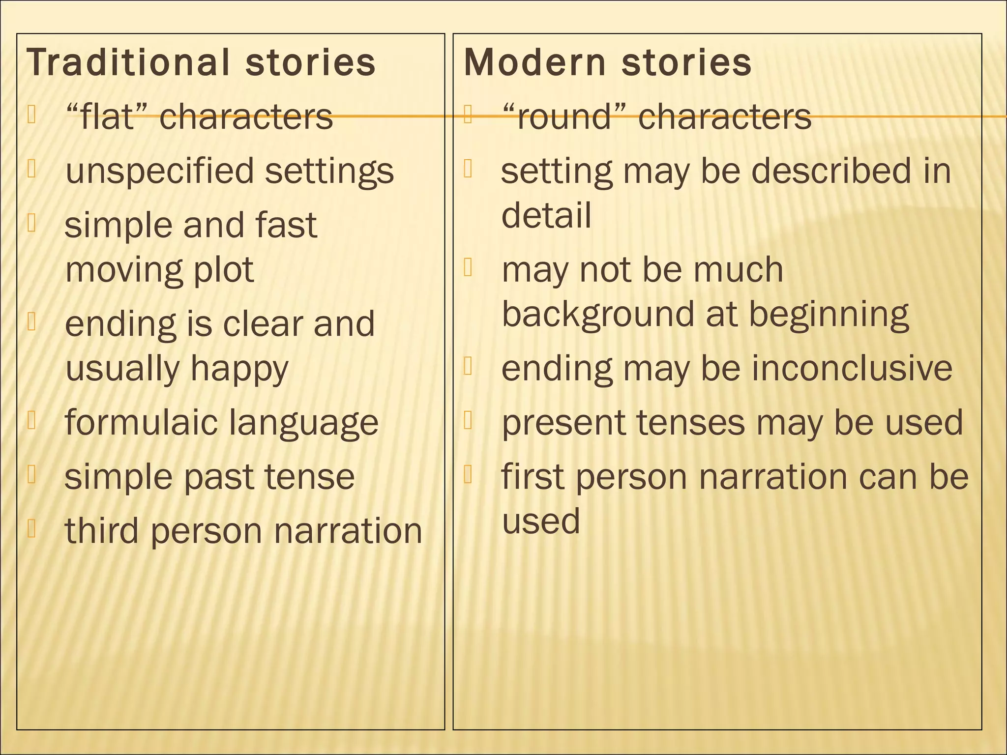 Traditional stories
 “flat” characters
 unspecified settings
 simple and fast
moving plot
 ending is clear and
usually happy
 formulaic language
 simple past tense
 third person narration

Modern stories
 “round” characters
 setting may be described in
detail
 may not be much
background at beginning
 ending may be inconclusive
 present tenses may be used
 first person narration can be
used

 