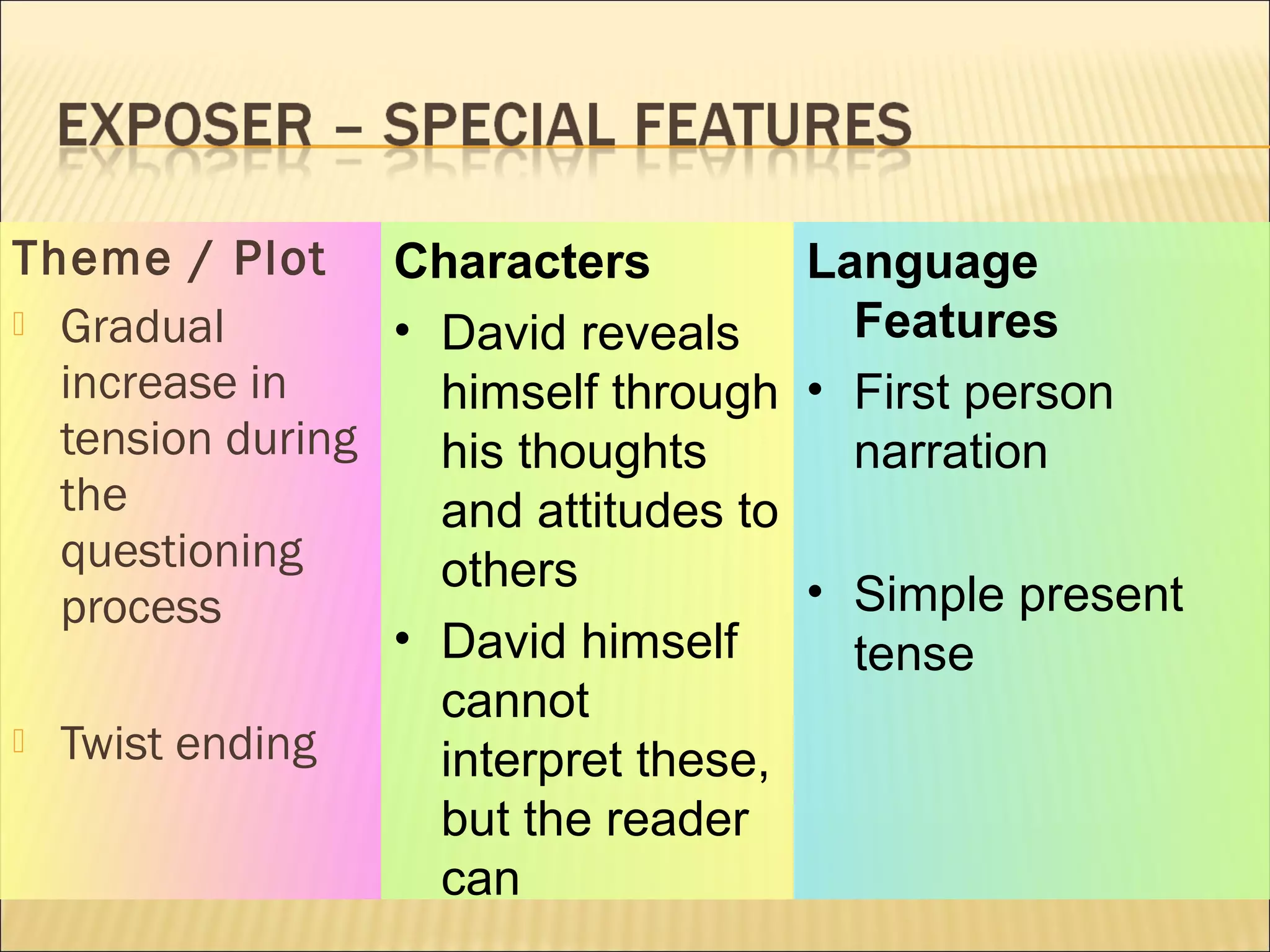 Theme / Plot Characters
Language
 Gradual
Features
• David reveals
increase in
himself through • First person
tension during
his thoughts
narration
the
and attitudes to
questioning
others
• Simple present
process
• David himself
tense
cannot
 Twist ending
interpret these,
but the reader
can

 