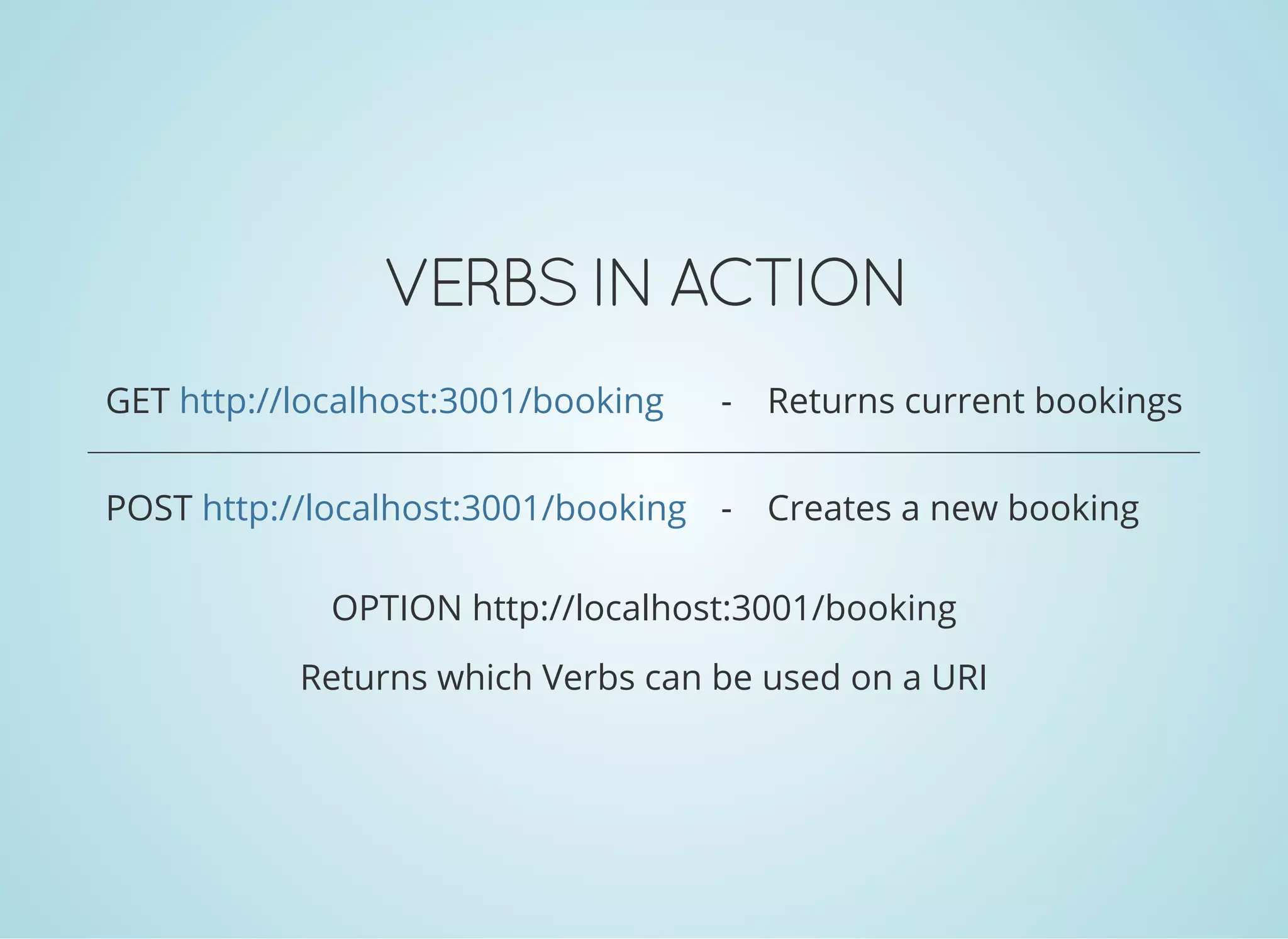 VERBS IN ACTION
GET - Returns current bookings
POST - Creates a new booking
http://localhost:3001/booking
http://localhost:3001/booking
OPTION http://localhost:3001/booking
Returns which Verbs can be used on a URI
 