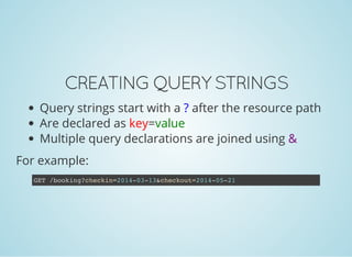 CREATING QUERY STRINGS
Query strings start with a ? after the resource path
Are declared as key=value
Multiple query declarations are joined using &
For example:
GET /booking?checkin=2014-03-13&checkout=2014-05-21
 