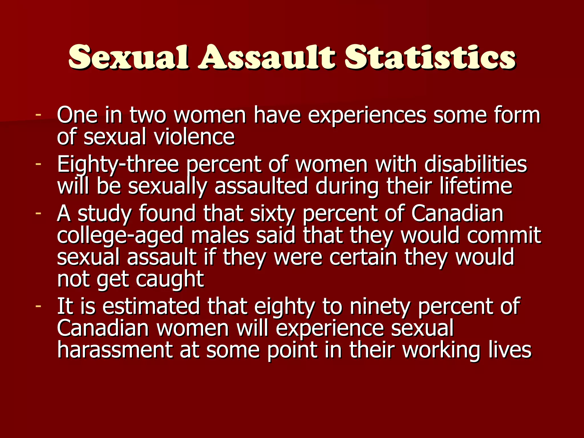 Sexual Assault Statistics One in two women have experiences some form of sexual violence Eighty-three percent of women with disabilities will be sexually assaulted during their lifetime  A study found that sixty percent of Canadian college-aged males said that they would commit sexual assault if they were certain they would not get caught It is estimated that eighty to ninety percent of Canadian women will experience sexual harassment at some point in their working lives 