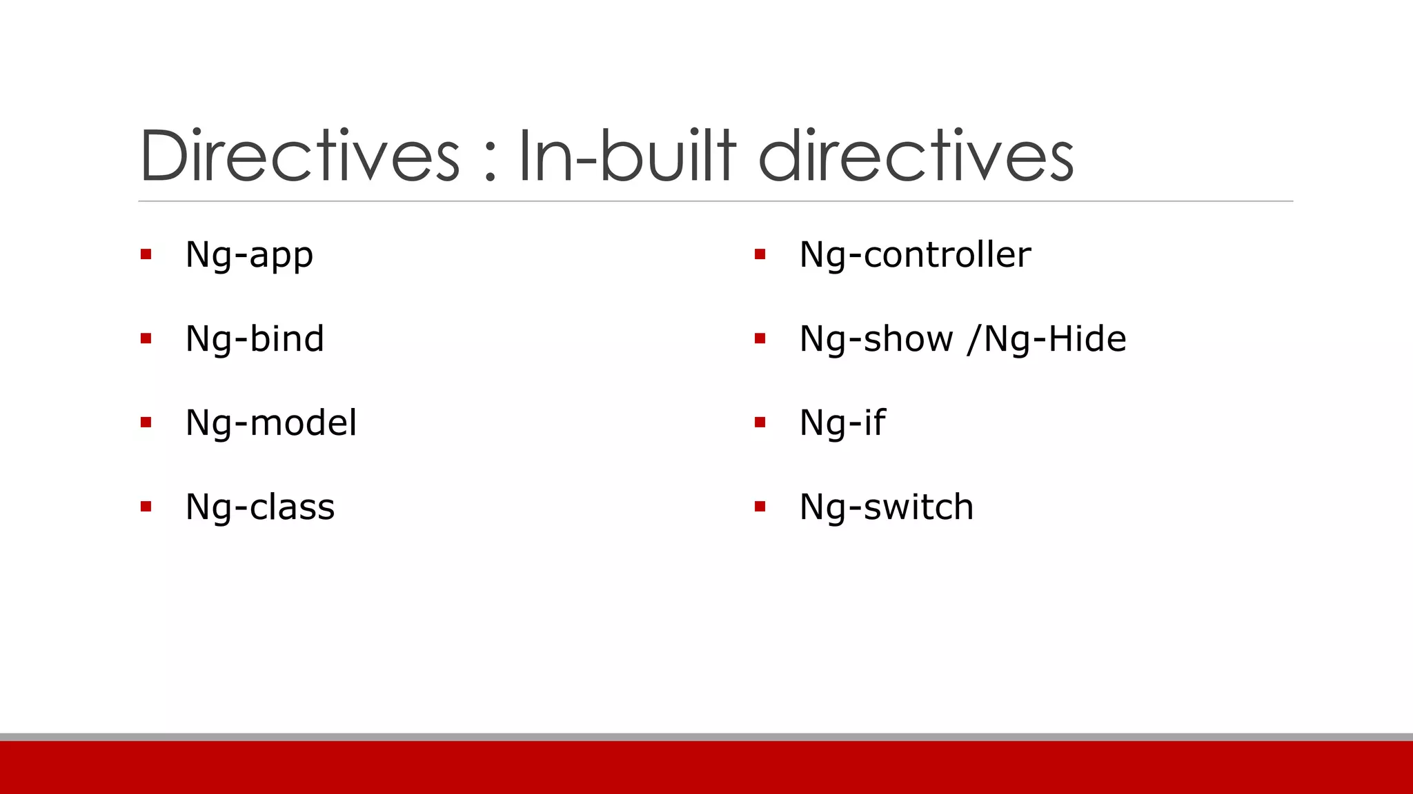 Directives : In-built directives
 Ng-app
 Ng-bind
 Ng-model
 Ng-class
 Ng-controller
 Ng-show /Ng-Hide
 Ng-if
 Ng-switch
 
