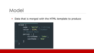 Model
 Data that is merged with the HTML template to produce
views
 