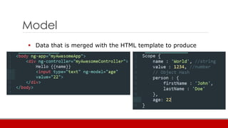 Model
 Data that is merged with the HTML template to produce
views
 