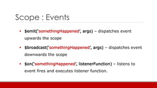 Scope : Events
 $emit(‘somethingHappened’, args) – dispatches event
upwards the scope
 $broadcast(‘somethingHappened’, args) – dispatches event
downwards the scope
 $on(‘somethingHappened’, listenerFunction) – listens to
event fires and executes listener function.
 