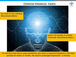 too much of one chemical
(Neurotransmitters)
and/or not enough of another.
Chemicals (Neurotransmitters )
Chemical Imbalance means
It's normal to feel sad or upset sometimes. But when a chemical imbalance in the brain
persists for weeks or months, the result is prolonged Depression or Anxiety
 