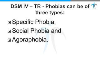  Specific Phobia,
 Social Phobia and
 Agoraphobia.
 