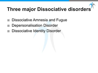  Dissociative Amnesia and Fugue
 Depersonalisation Disorder
 Dissociative Identity Disorder
 