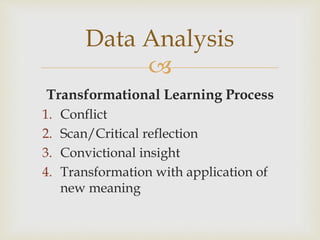 
Transformational Learning Process
1. Conflict
2. Scan/Critical reflection
3. Convictional insight
4. Transformation with application of
new meaning
Data Analysis
 