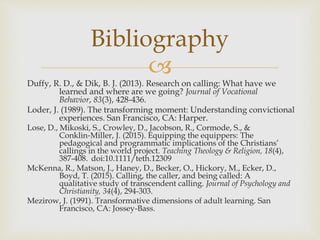 
Bibliography
Duffy, R. D., & Dik, B. J. (2013). Research on calling: What have we
learned and where are we going? Journal of Vocational
Behavior, 83(3), 428-436.
Loder, J. (1989). The transforming moment: Understanding convictional
experiences. San Francisco, CA: Harper.
Lose, D., Mikoski, S., Crowley, D., Jacobson, R., Cormode, S., &
Conklin‐Miller, J. (2015). Equipping the equippers: The
pedagogical and programmatic implications of the Christians’
callings in the world project. Teaching Theology & Religion, 18(4),
387-408. doi:10.1111/teth.12309
McKenna, R., Matson, J., Haney, D., Becker, O., Hickory, M., Ecker, D.,
Boyd, T. (2015). Calling, the caller, and being called: A
qualitative study of transcendent calling. Journal of Psychology and
Christianity, 34(4), 294-303.
Mezirow, J. (1991). Transformative dimensions of adult learning. San
Francisco, CA: Jossey-Bass.
 