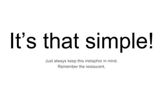 It’s that simple!
Just always keep this metaphor in mind.
Remember the restaurant.
 