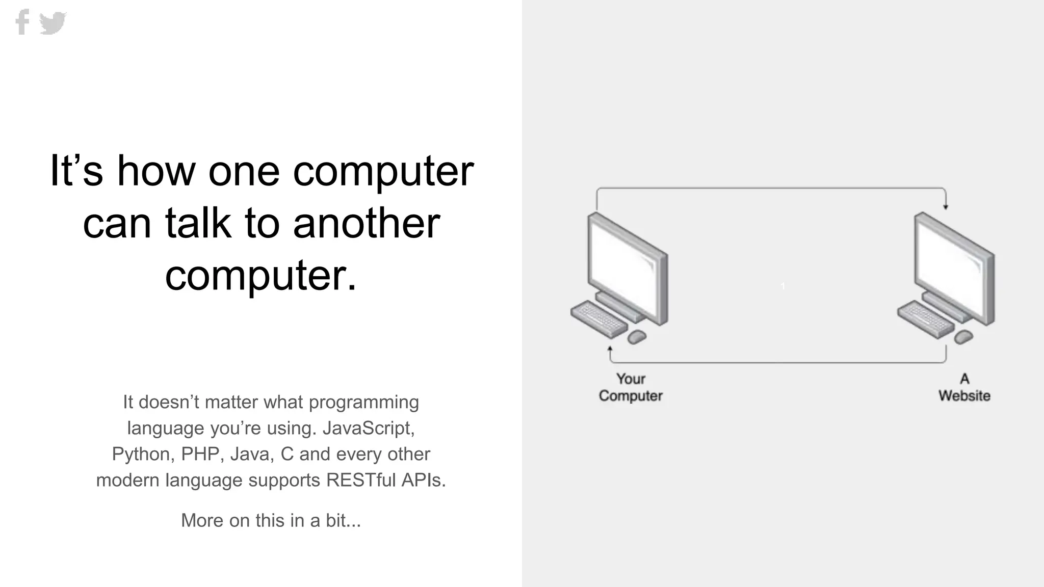 1
It’s how one computer
can talk to another
computer.
It doesn’t matter what programming
language you’re using. JavaScript,
Python, PHP, Java, C and every other
modern language supports RESTful APIs.
More on this in a bit...
 