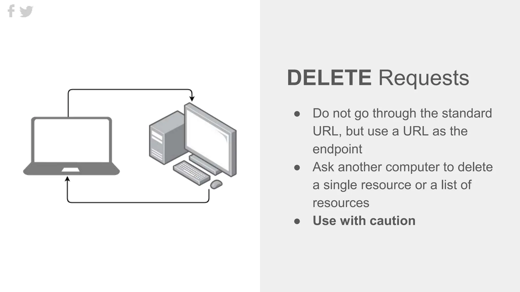 DELETE Requests
● Do not go through the standard
URL, but use a URL as the
endpoint
● Ask another computer to delete
a single resource or a list of
resources
● Use with caution
 