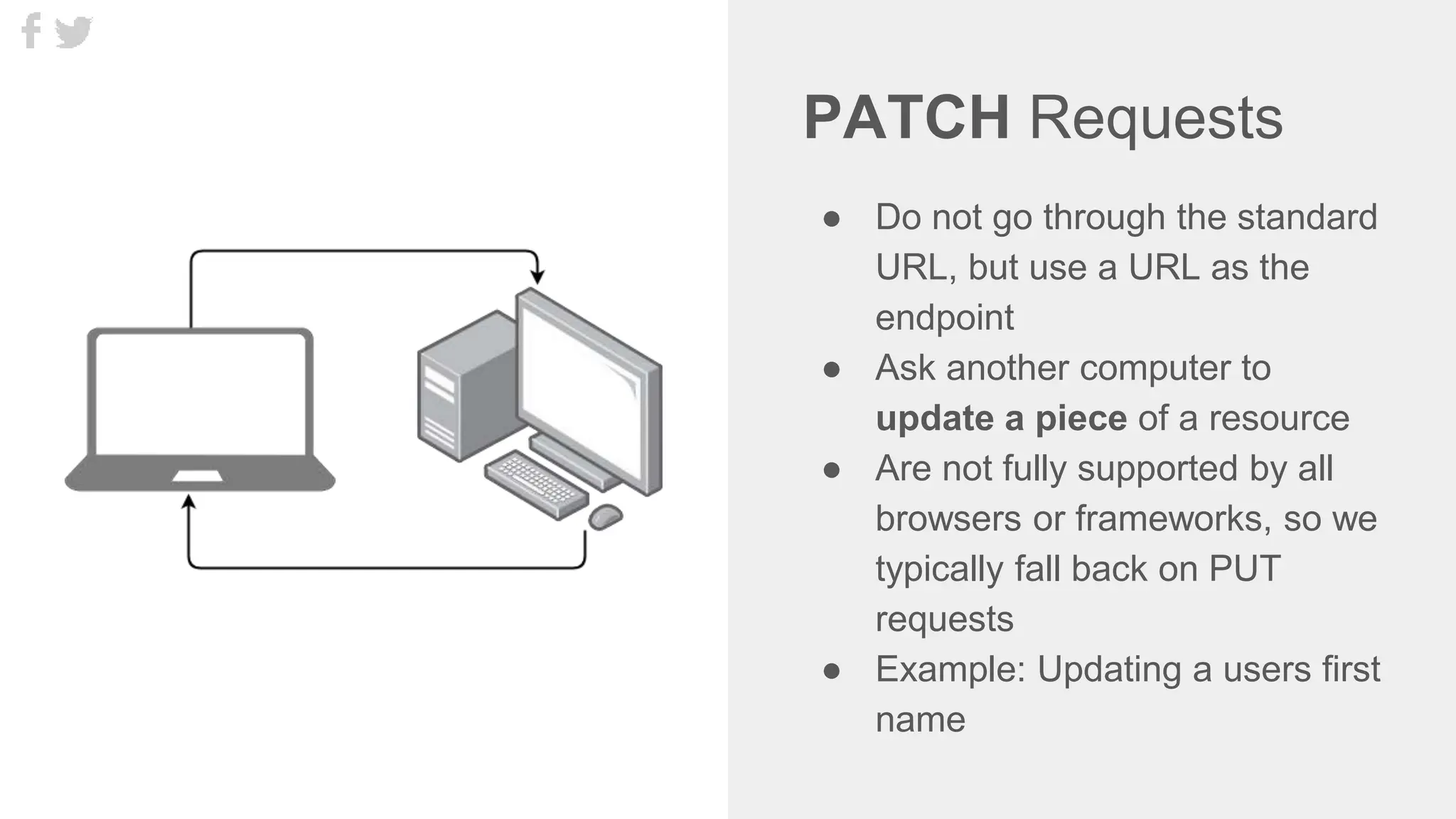 PATCH Requests
● Do not go through the standard
URL, but use a URL as the
endpoint
● Ask another computer to
update a piece of a resource
● Are not fully supported by all
browsers or frameworks, so we
typically fall back on PUT
requests
● Example: Updating a users first
name
 