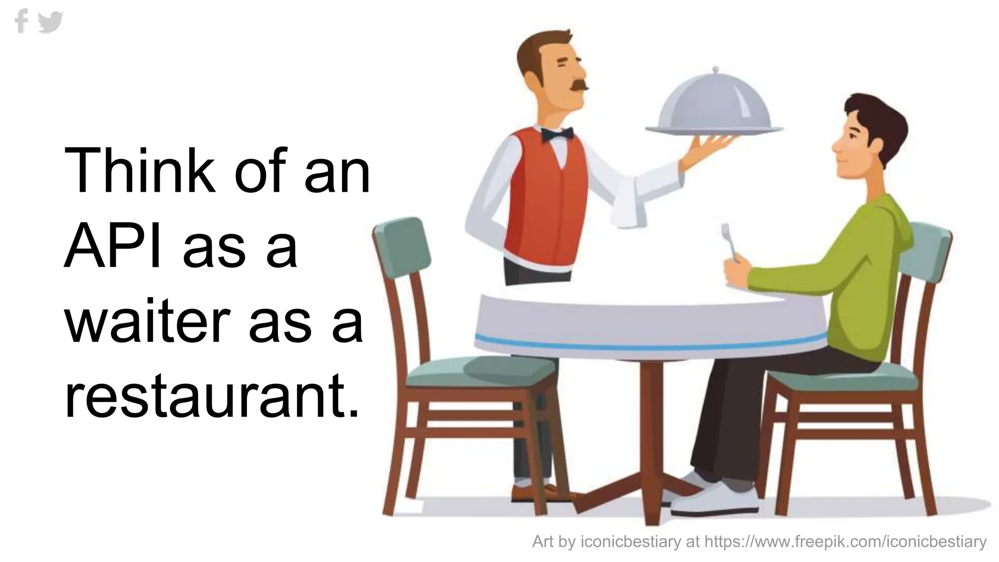 Think of an
API as a
waiter as a
restaurant.
Art by iconicbestiary at https://www.freepik.com/iconicbestiary
 