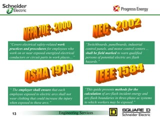 Engineering Services
13
“Covers electrical safety-related work
practices and procedures for employees who
work on or near exposed energized electrical
conductors or circuit parts in work places…”
“Switchboards, panelboards, industrial
control panels, and motor control centers ...
shall be field marked to warn qualified
persons of potential electric arc flash
hazards.”
“ The employer shall ensure that each
employee exposed to electric arcs shall not
wear clothing that could increase the injury
when exposed to these arcs.”
“This guide presents methods for the
calculation of arc-flash incident energy and
arc-flash boundaries in three-phase ac systems
to which workers may be exposed.”
 