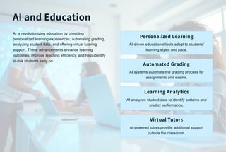 AI and Education
AI is revolutionizing education by providing
personalized learning experiences, automating grading,
analyzing student data, and offering virtual tutoring
support. These advancements enhance learning
outcomes, improve teaching efficiency, and help identify
at-risk students early on.
Personalized Learning
AI-driven educational tools adapt to students'
learning styles and pace.
Automated Grading
AI systems automate the grading process for
assignments and exams.
Learning Analytics
AI analyzes student data to identify patterns and
predict performance.
Virtual Tutors
AI-powered tutors provide additional support
outside the classroom.
 