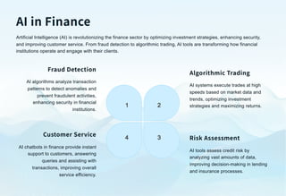 AI in Finance
Artificial Intelligence (AI) is revolutionizing the finance sector by optimizing investment strategies, enhancing security,
and improving customer service. From fraud detection to algorithmic trading, AI tools are transforming how financial
institutions operate and engage with their clients.
1 2
3
4
Fraud Detection
AI algorithms analyze transaction
patterns to detect anomalies and
prevent fraudulent activities,
enhancing security in financial
institutions.
Algorithmic Trading
AI systems execute trades at high
speeds based on market data and
trends, optimizing investment
strategies and maximizing returns.
Risk Assessment
AI tools assess credit risk by
analyzing vast amounts of data,
improving decision-making in lending
and insurance processes.
Customer Service
AI chatbots in finance provide instant
support to customers, answering
queries and assisting with
transactions, improving overall
service efficiency.
 