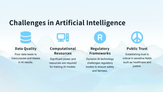 Challenges in Artificial Intelligence
Data Quality
Poor data leads to
inaccuracies and biases
in AI results.
Computational
Resources
Significant power and
resources are required
for training AI models.
Regulatory
Frameworks
Dynamic AI technology
challenges regulatory
bodies to ensure safety
and fairness.
Public Trust
Establishing trust is
critical in sensitive fields
such as healthcare and
justice.
 