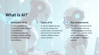 What is AI?
1 Definition of AI
AI is the capability of a
machine to imitate intelligent
human behavior,
encompassing learning,
reasoning, problem-solving,
perception, and language
understanding.
2 Types of AI
AI can be categorized into
Narrow AI, designed for
specific tasks, and General AI,
which aims for human-like
cognitive abilities across
various domains.
3 Key Components
The major components of AI
include machine learning,
natural language processing,
robotics, and computer vision,
each contributing to the
functionality of intelligent
systems.
 