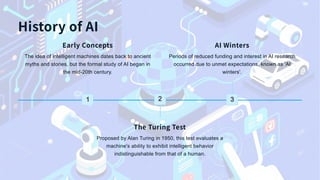 History of AI
Early Concepts
The idea of intelligent machines dates back to ancient
myths and stories, but the formal study of AI began in
the mid-20th century.
1
The Turing Test
Proposed by Alan Turing in 1950, this test evaluates a
machine's ability to exhibit intelligent behavior
indistinguishable from that of a human.
2
AI Winters
Periods of reduced funding and interest in AI research
occurred due to unmet expectations, known as 'AI
winters'.
3
 