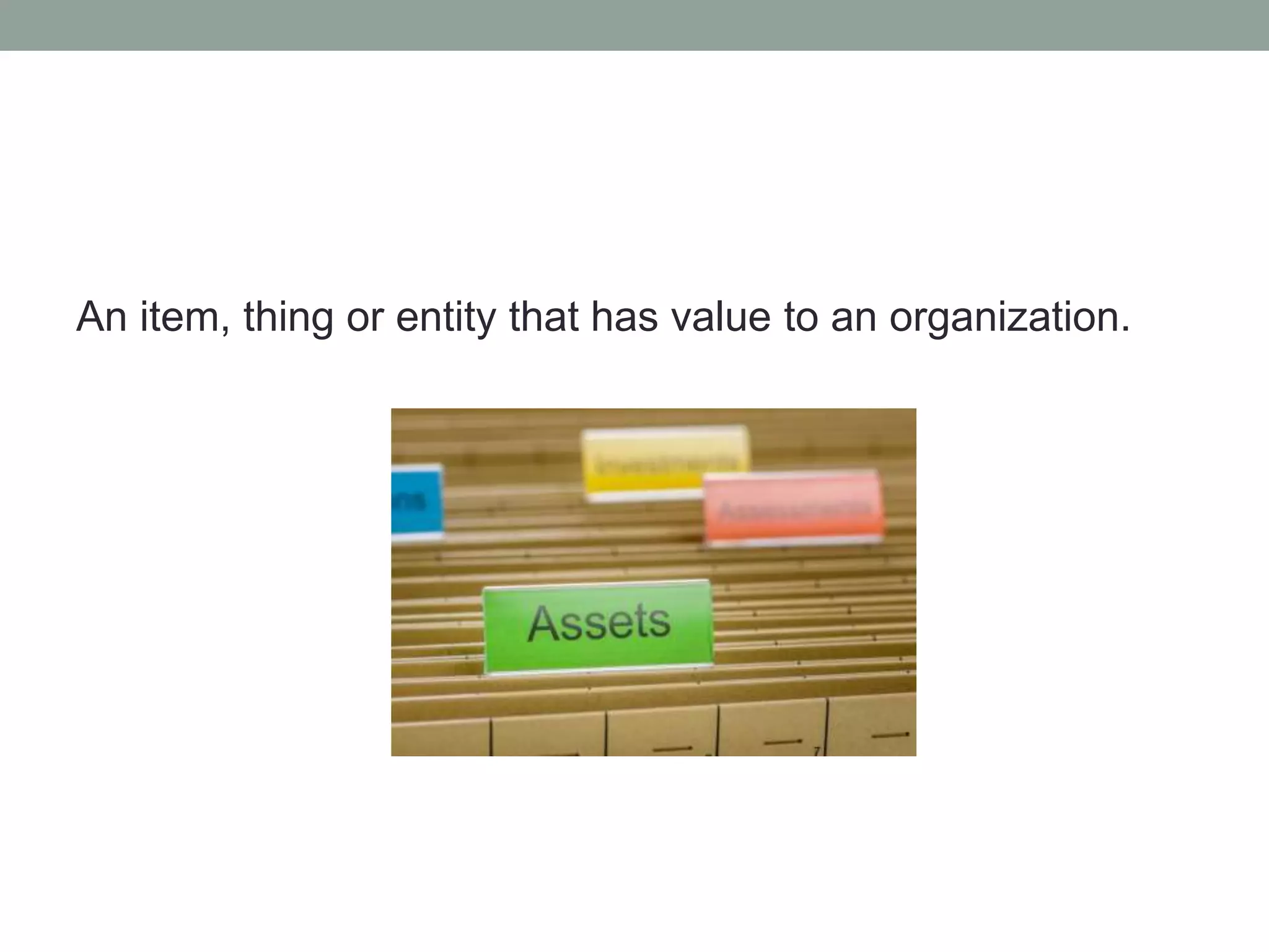 An item, thing or entity that has value to an organization. 
 