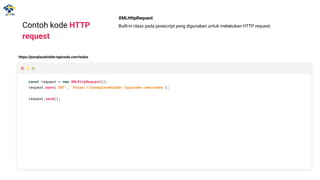 Contoh kode HTTP
request
const request = new XMLHttpRequest();
request.open('GET', 'https://jsonplaceholder.typicode.com/todos');
request.send();
XMLHttpRequest
Built-in class pada javascript yang digunakan untuk melakukan HTTP request.
https://jsonplaceholder.typicode.com/todos
 