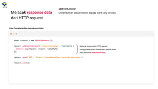 Melacak response data
dari HTTP request
const request = new XMLHttpRequest();
request.addEventListener('readystatechange', function() {
console.log(request, request.readyState);
});
request.open('GET', 'https://jsonplaceholder.typicode.com/todos');
request.send();
addEventListener
Menambahkan sebuah listener kepada event yang tersedia.
https://jsonplaceholder.typicode.com/todos
Melacak progres dari HTTP request
menggunakan event listener dan spesiﬁk event
yang bernama readystatechange.
 