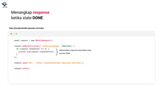 Menangkap response
ketika state DONE
const request = new XMLHttpRequest();
request.addEventListener('readystatechange', function() {
if (request.readyState === 4) {
console.log(request.responseText);
}
});
request.open('GET', 'https://jsonplaceholder.typicode.com/todos');
request.send();
https://jsonplaceholder.typicode.com/todos
Menampilkan response data ketika state
bernilai DONE.
 