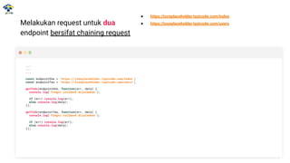Melakukan request untuk dua
endpoint bersifat chaining request
...
...
...
const endpointOne = 'https://jsonplaceholder.typicode.com/todos';
const endpointTwo = 'https://jsonplaceholder.typicode.com/users';
getTodo(endpointOne, function(err, data) {
console.log('Fungsi callback dijalankan');
if (err) console.log(err);
else console.log(data);
});
getTodo(endpointTwo, function(err, data) {
console.log('Fungsi callback dijalankan');
if (err) console.log(err);
else console.log(data);
});
● https://jsonplaceholder.typicode.com/todos
● https://jsonplaceholder.typicode.com/users
 