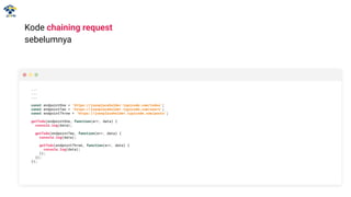 Kode chaining request
sebelumnya
...
...
...
const endpointOne = 'https://jsonplaceholder.typicode.com/todos';
const endpointTwo = 'https://jsonplaceholder.typicode.com/users';
const endpointThree = 'https://jsonplaceholder.typicode.com/posts';
getTodo(endpointOne, function(err, data) {
console.log(data);
getTodo(endpointTwo, function(err, data) {
console.log(data);
getTodo(endpointThree, function(err, data) {
console.log(data);
});
});
});
 
