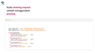 Kode chaining request
setelah menggunakan
promise
...
...
...
const endpointOne = 'https://jsonplaceholder.typicode.com/todos';
const endpointTwo = 'https://jsonplaceholder.typicode.com/users';
const endpointThree = 'https://jsonplaceholder.typicode.com/posts';
getTodo(endpointOne)
.then(function(data) {
console.log('Promise 1 berhasil: ', data);
return getTodo(endpointTwo);
})
.then(function(data) {
console.log('Promise 2 berhasil: ', data);
return getTodo(endpointThree);
})
.then(function(data) {
console.log('Promise 3 berhasil: ', data);
})
.catch(function(error) {
console.log('Promise gagal: ', error);
});
 