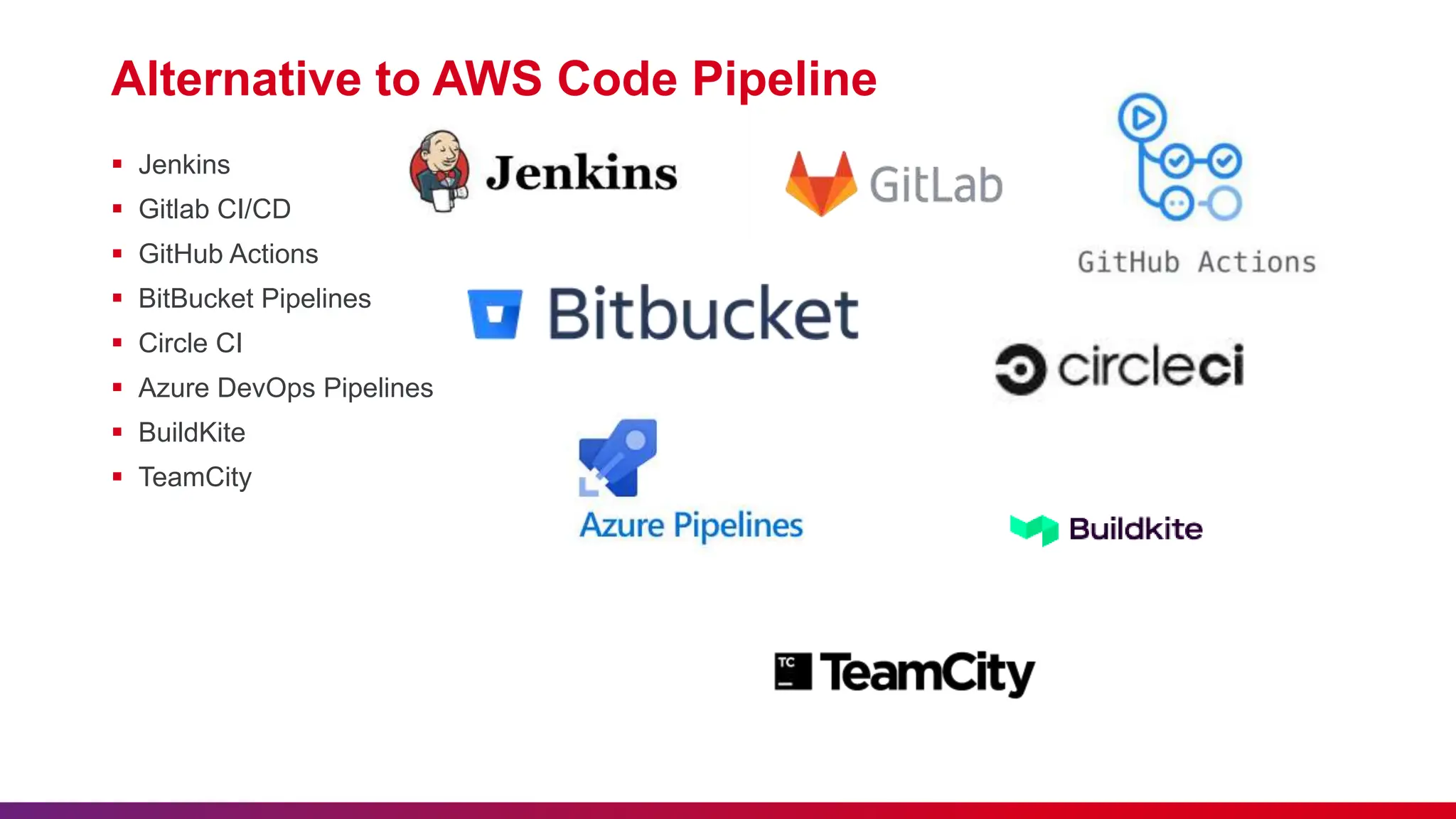 Alternative to AWS Code Pipeline  Jenkins  Gitlab CI/CD  GitHub Actions  BitBucket Pipelines  Circle CI  Azure DevOps Pipelines  BuildKite  TeamCity 