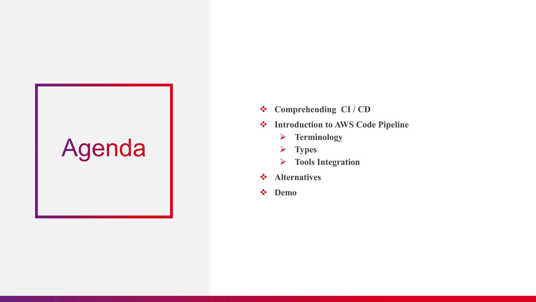  Comprehending CI / CD  Introduction to AWS Code Pipeline  Terminology  Types  Tools Integration  Alternatives  Demo 